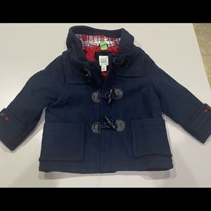 Baby GAP Jacket. Navy Blue, Button up Front. navy blue & red plaid hood.
